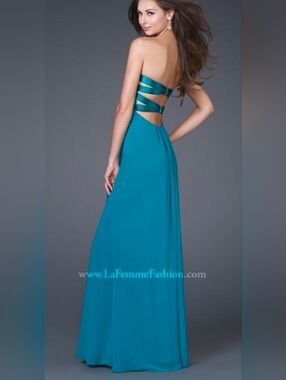 Vntg. La Femme Teal Strappy Back Evening Gown